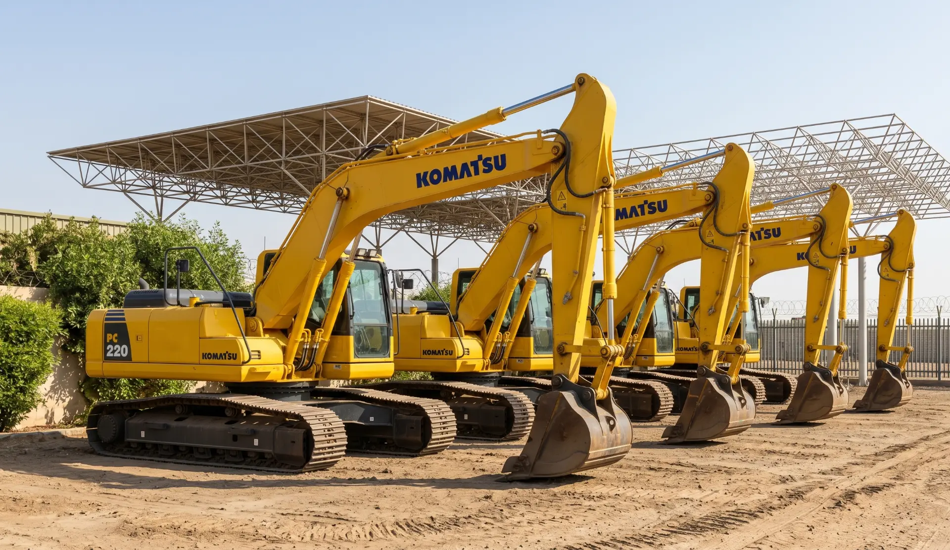 Komatsu PC220 excavator fleet at the USF Equipment Rental yard in Dubai